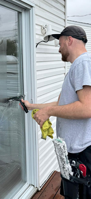 Lavage a la main des vitres d'une porte-patio.
