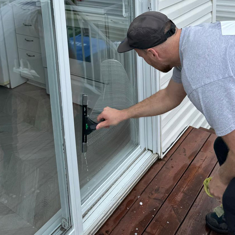 Lavage a la main des vitres d'une porte-patio.